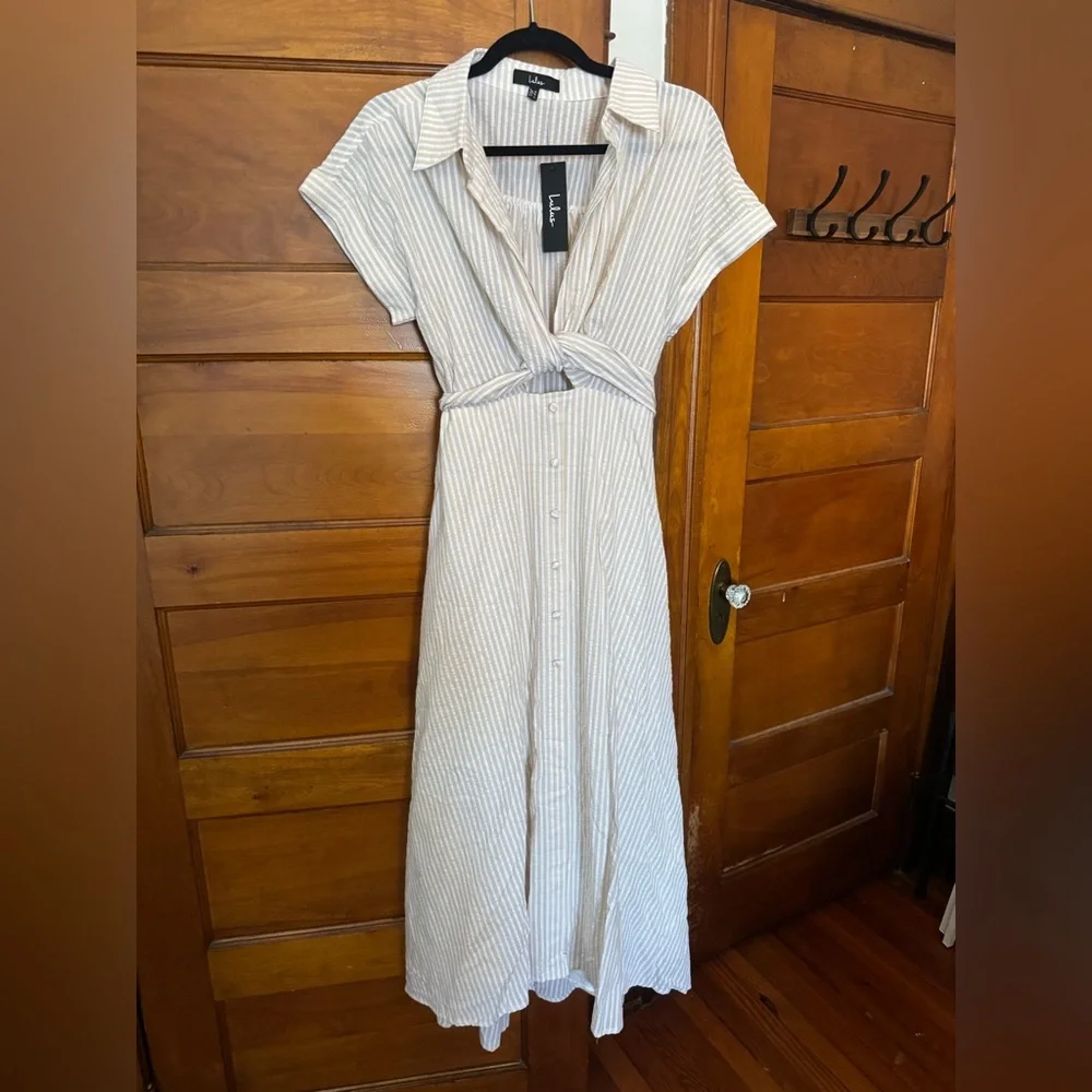 Lulu's Cream and Light Beige Striped Midi Dress - Picture 3 of 8